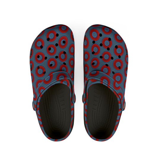 Spatchcocks - donut slip-on shoes - vivid red donuts w/steel blue background [unisex]