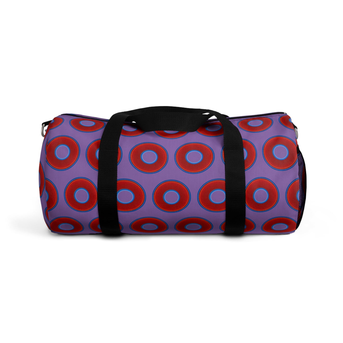 Lumpy Duffel - vivid red donuts w/light purple background