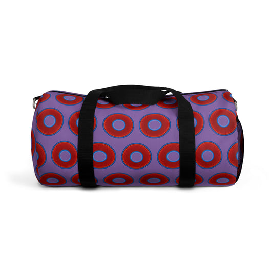 Lumpy Duffel - vivid red donuts w/light purple background