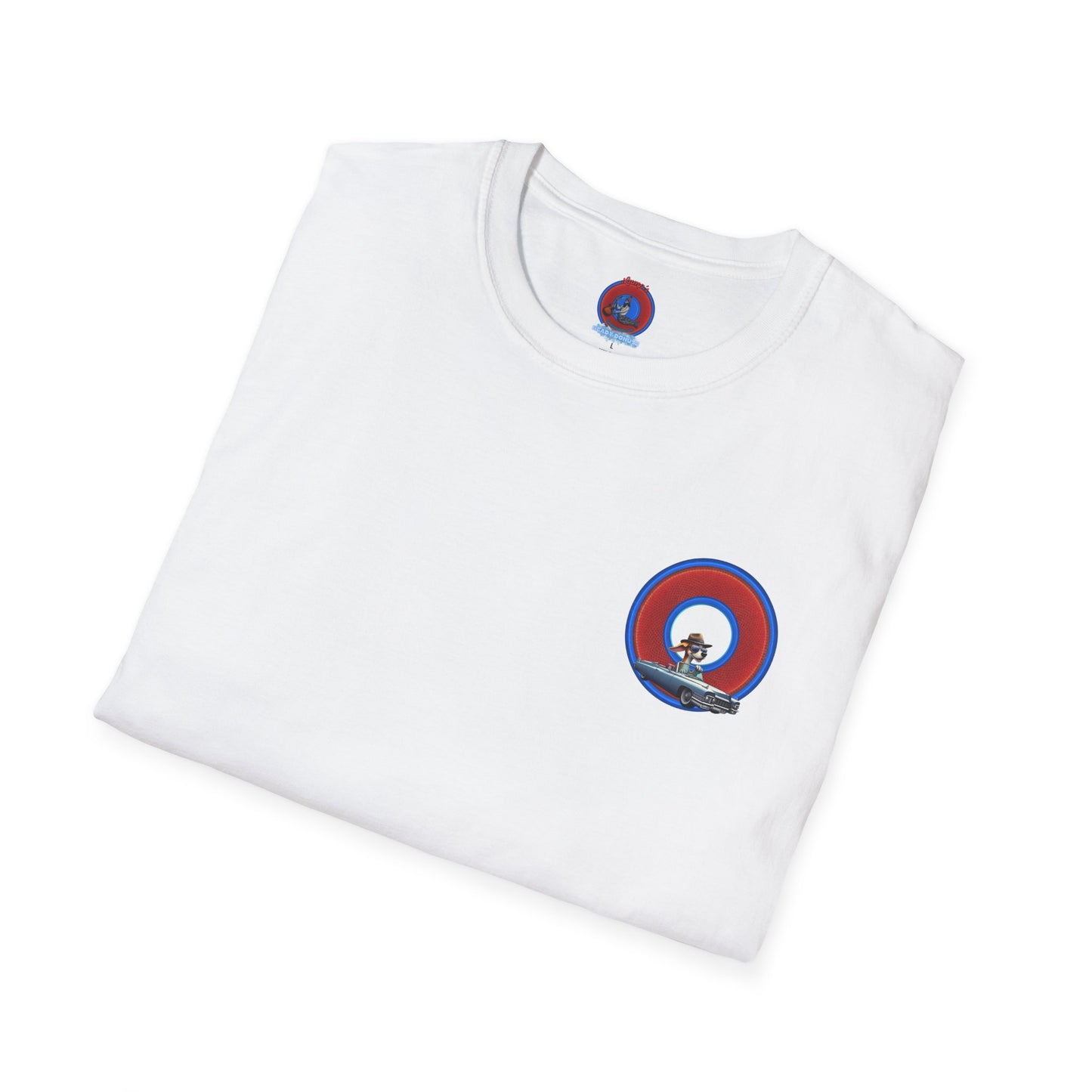 Classic Donut Tee - Unisex Soft-Style - "Jimmy's Marathon Donut Tee" - series 1.0  - variant 1 - rustic red/blue donut