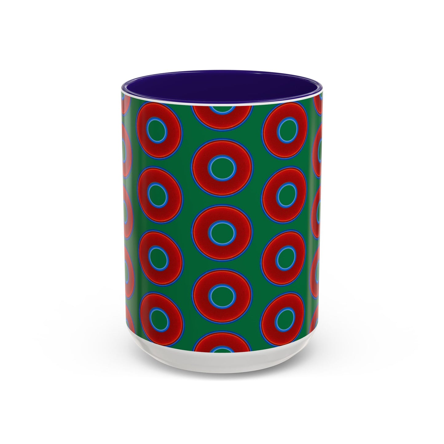 Lump's Grumpy Coffee Mug - vivid red donuts w/green background