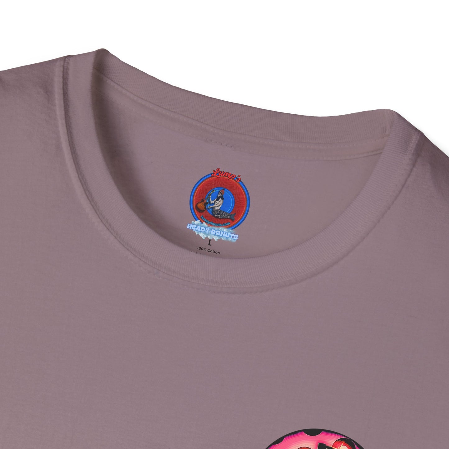 Classic Donut Tee - Unisex Soft-Style - "Would You Be My Donut?" - paradoxical faded magenta/red donut - variant 1