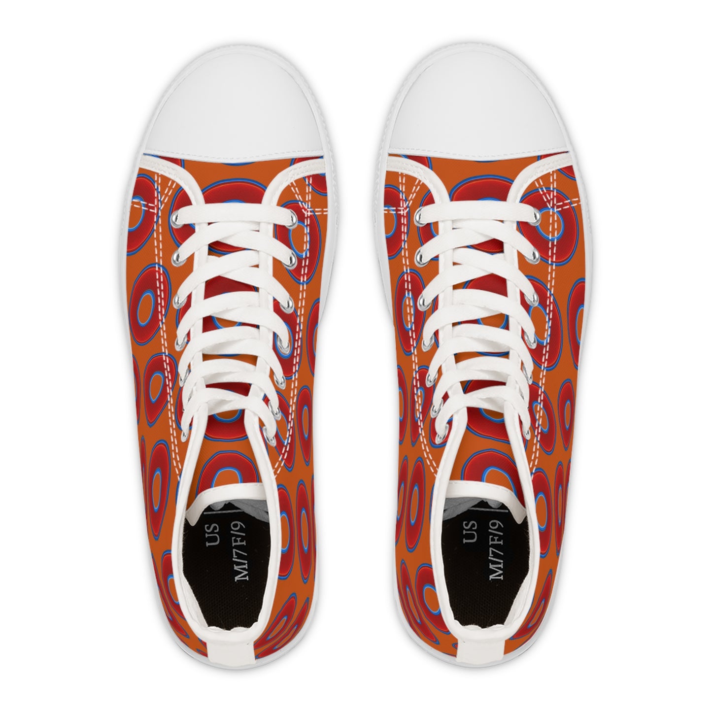 Women's High Top Chuck Taylors - large vivid red donut print w/dark orange background