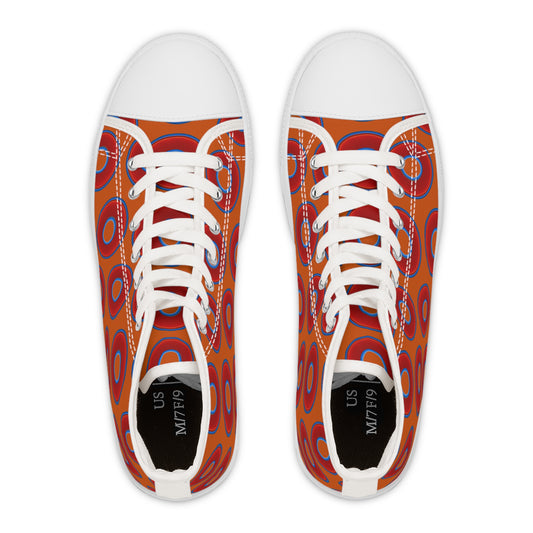Women's High Top Chuck Taylors - large vivid red donut print w/dark orange background
