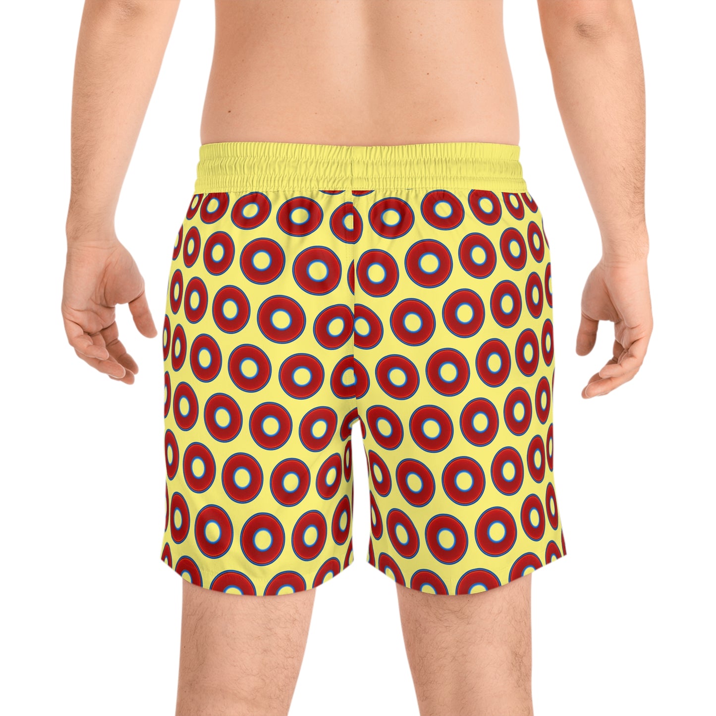 Men's Lumpy Swim Trunks - vivid red donut print w/yellow background