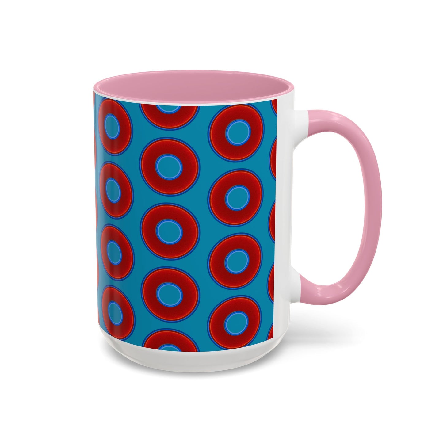 Lump's Grumpy Coffee Mug - vivid red donuts w/aquamarine blue background