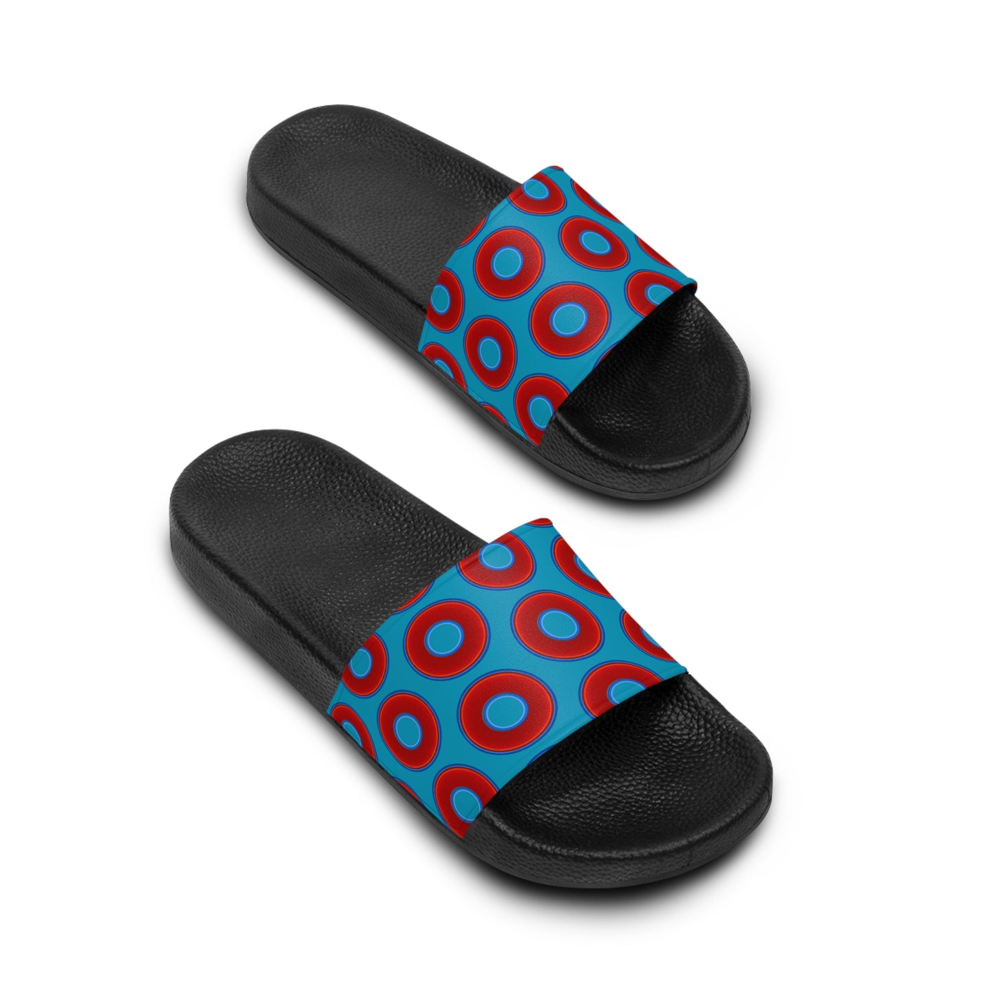Men's Lumpy Sandals - slip-ons - red vivid donuts w/aquamarine blue background