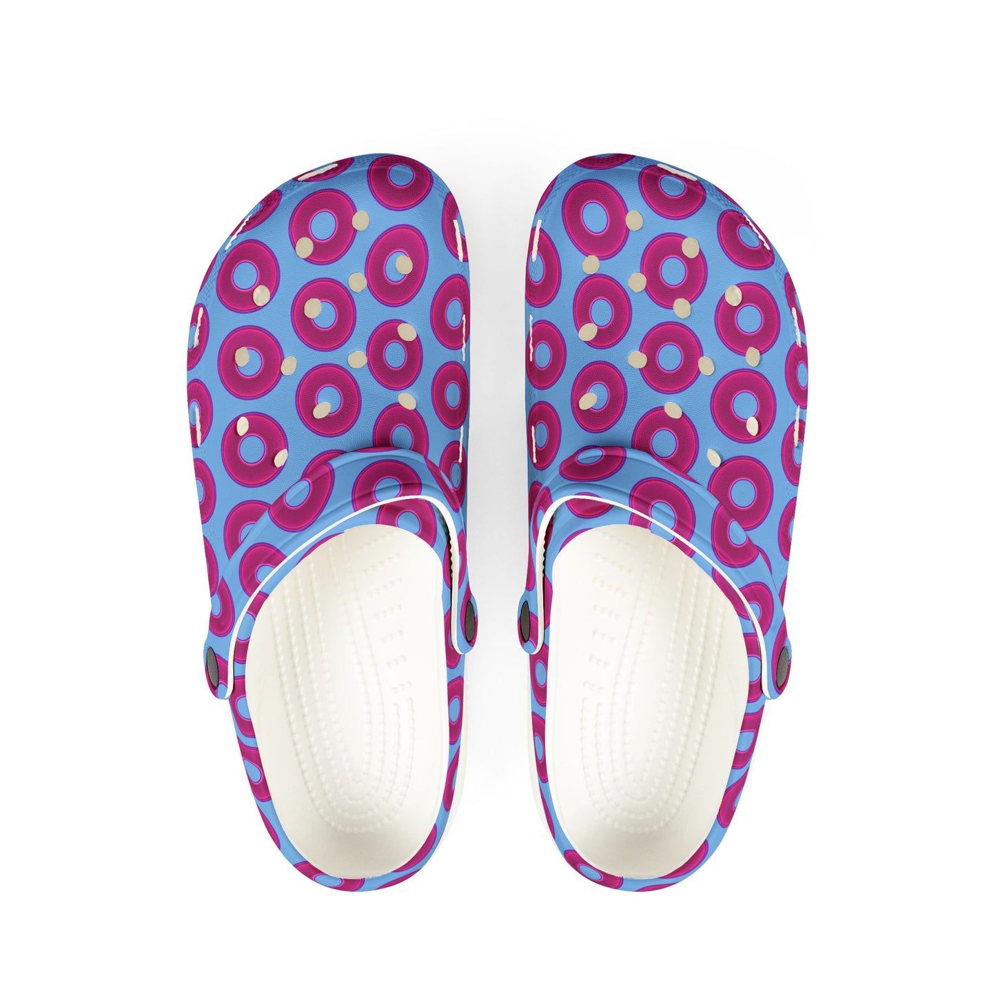 Spatchcocks - donut slip-on shoes - vivid magenta donuts w/light blue background [unisex]