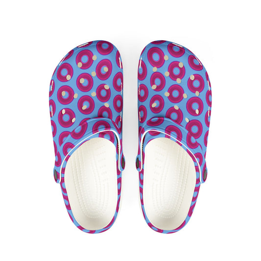 Spatchcocks - donut slip-on shoes - vivid magenta donuts w/light blue background [unisex]