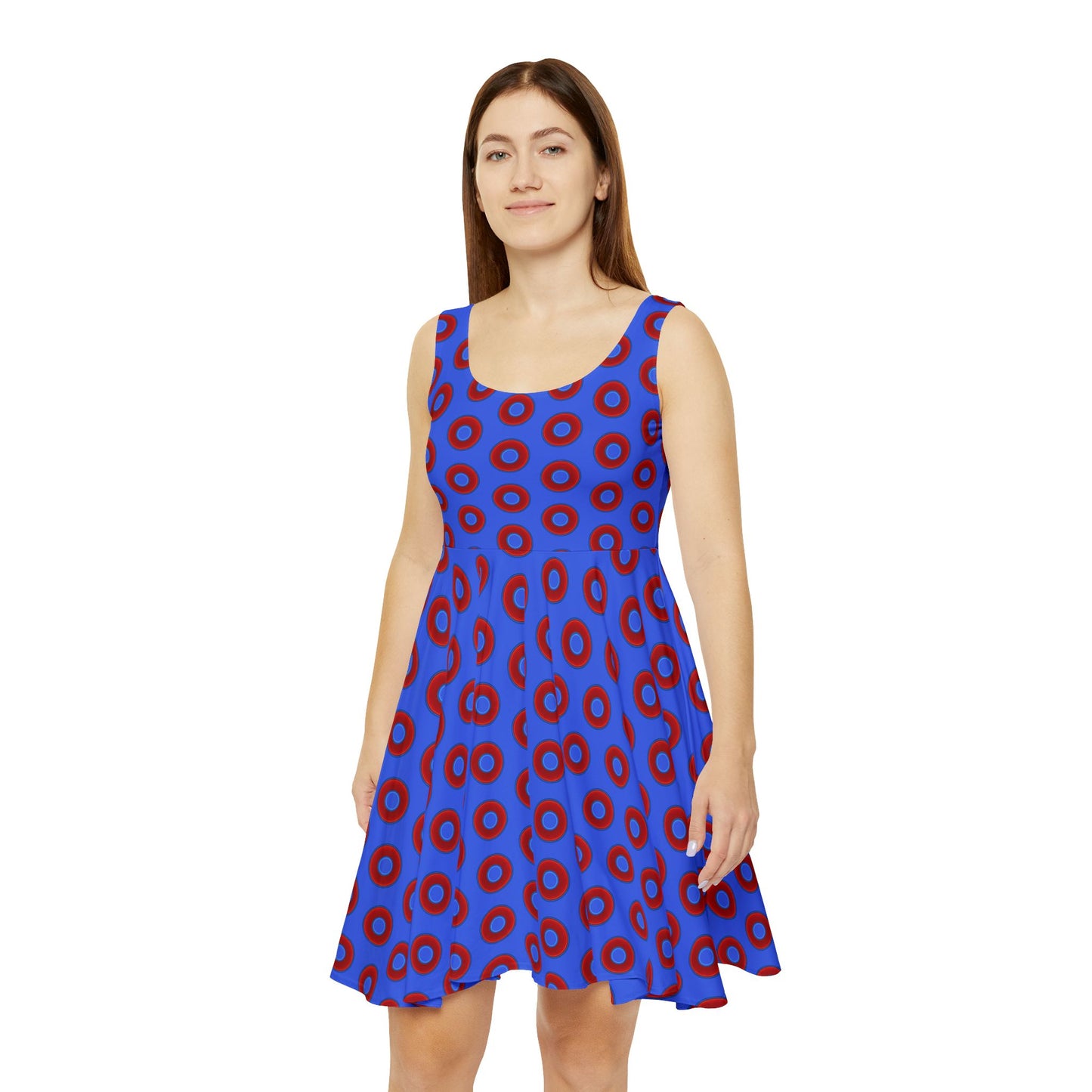 Women's Skater Donut Dress - vivid red donut print w/royal blue background