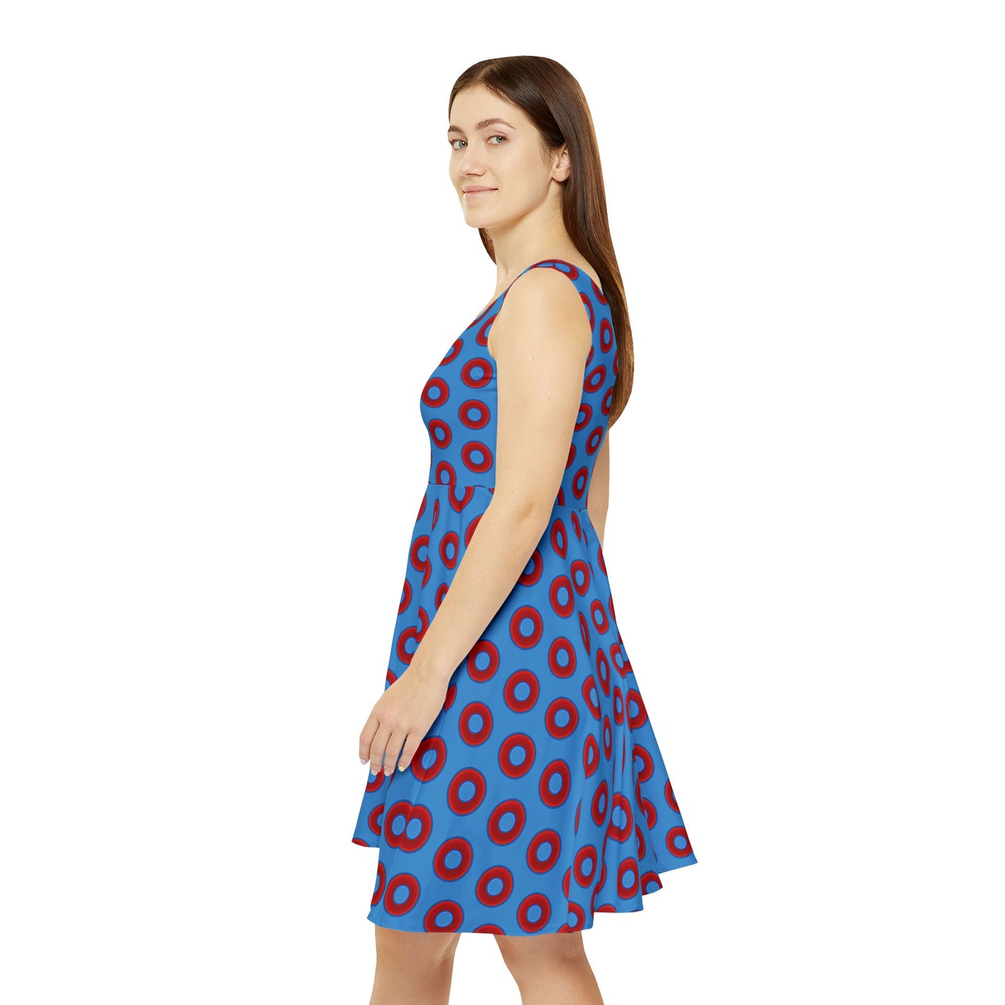 Women's Skater Donut Dress - vivid red donut print w/light steel blue background