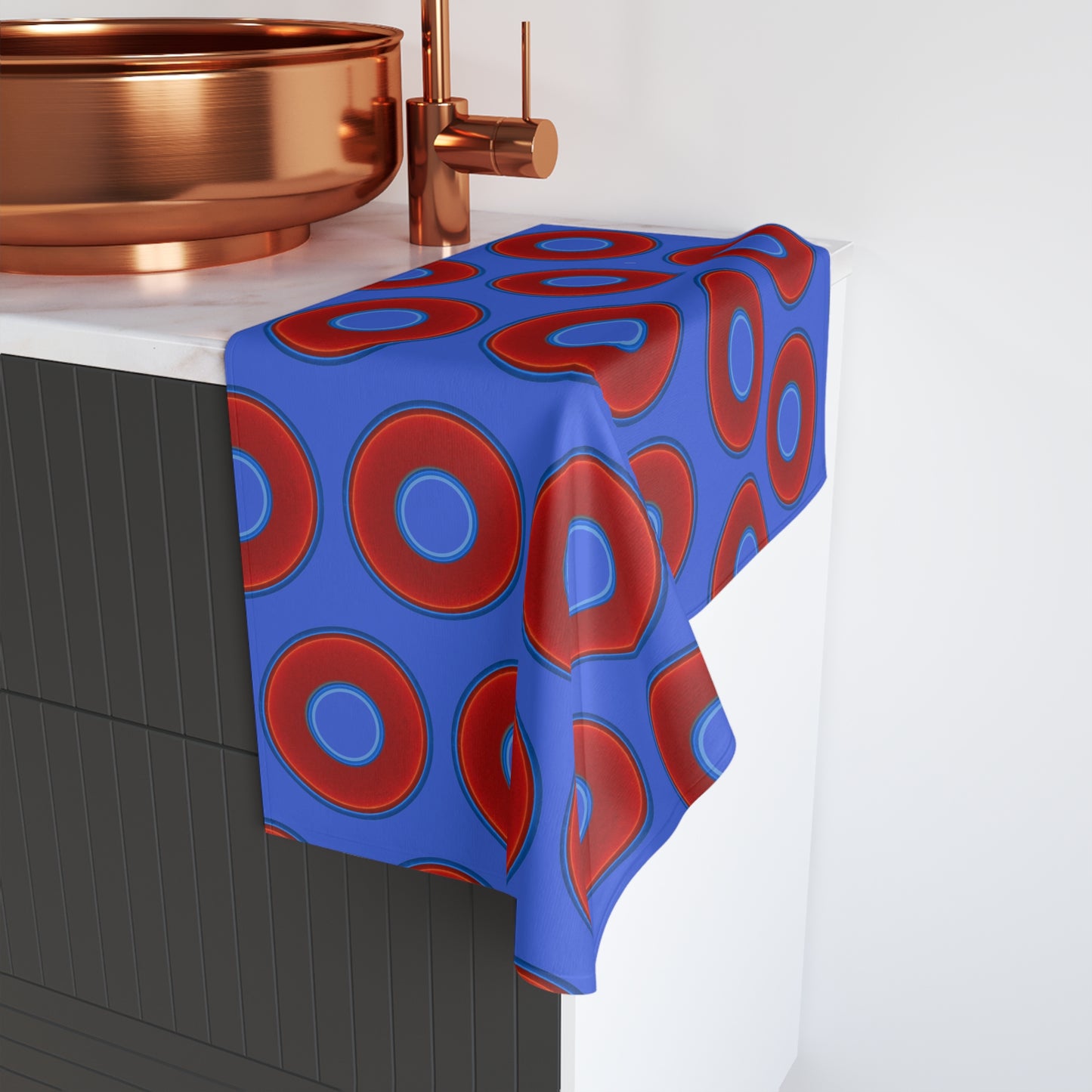 Lumpy Kitchen/Hand Towels - vivid red donuts w/royal blue background