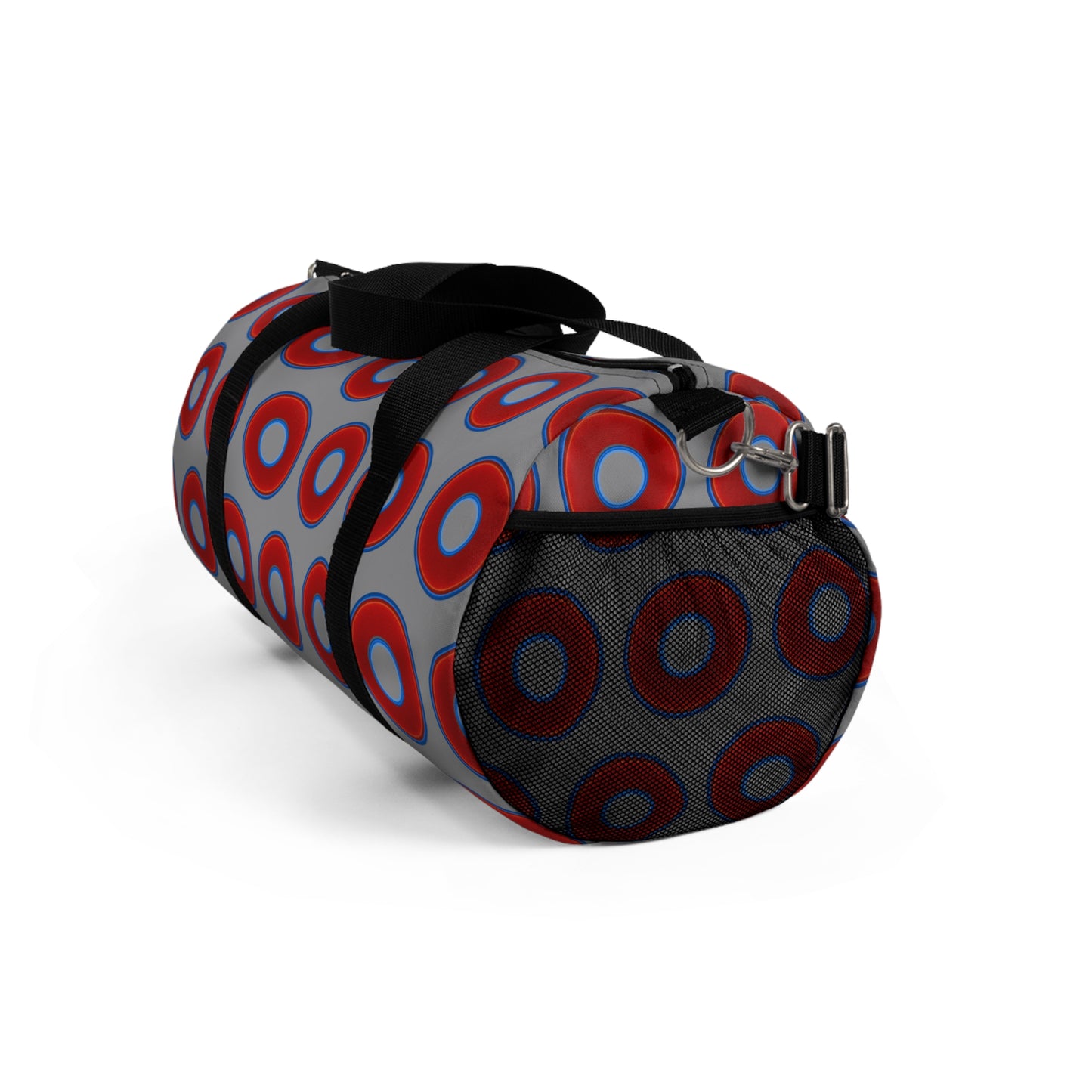 Lumpy Duffel - vivid red donuts w/gray background