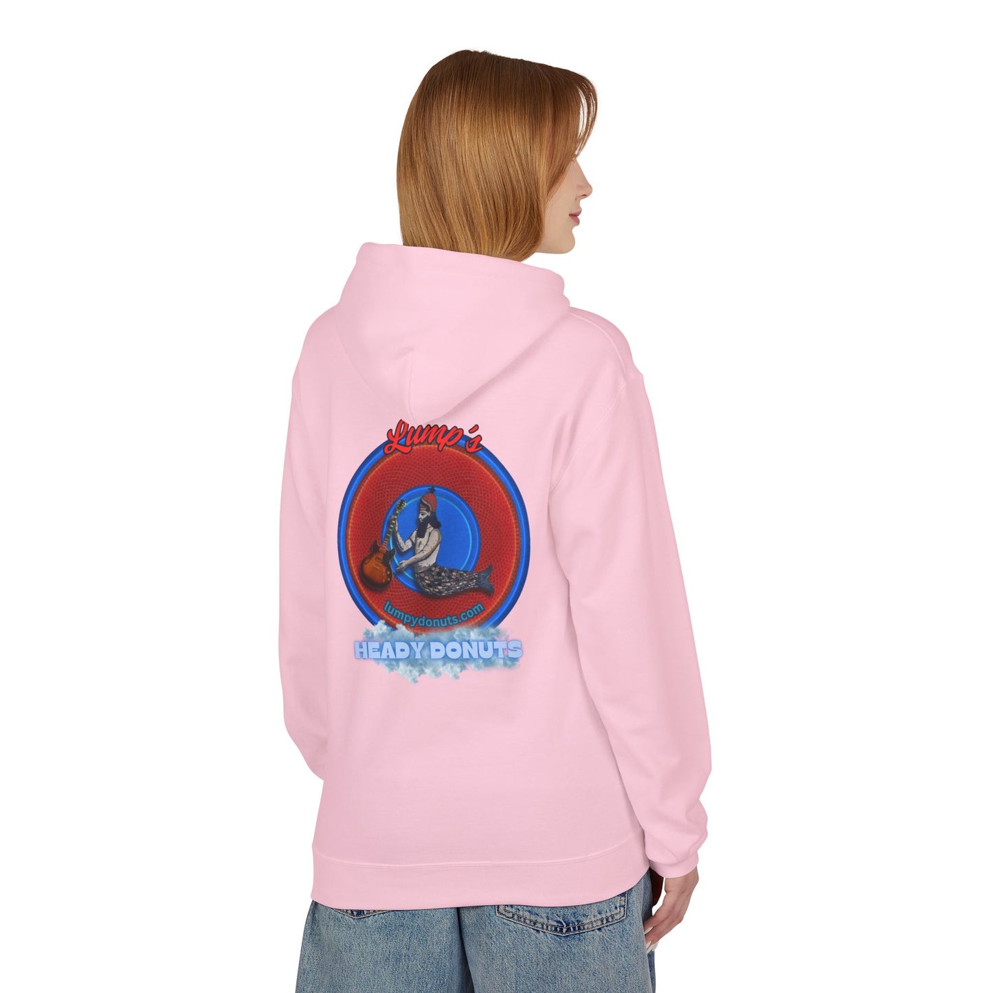 Unisex Fleece Hoodie - [Midweight Soft-style] - "Lump's Heady Logo" - w/rustic red donuts