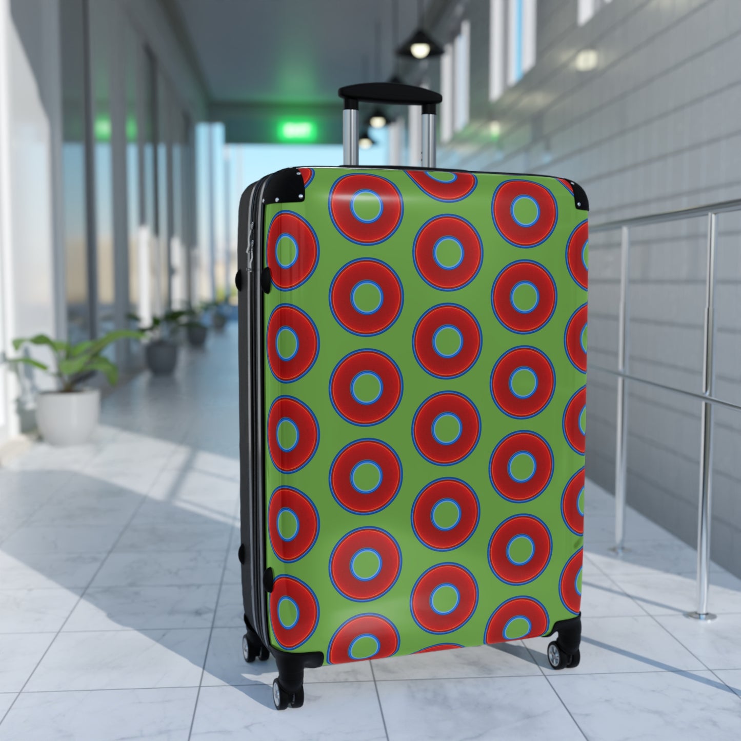 The Very Lumpy Donut Suitcase series - your choice of S, M or L - vivid red donut print w/lime green background