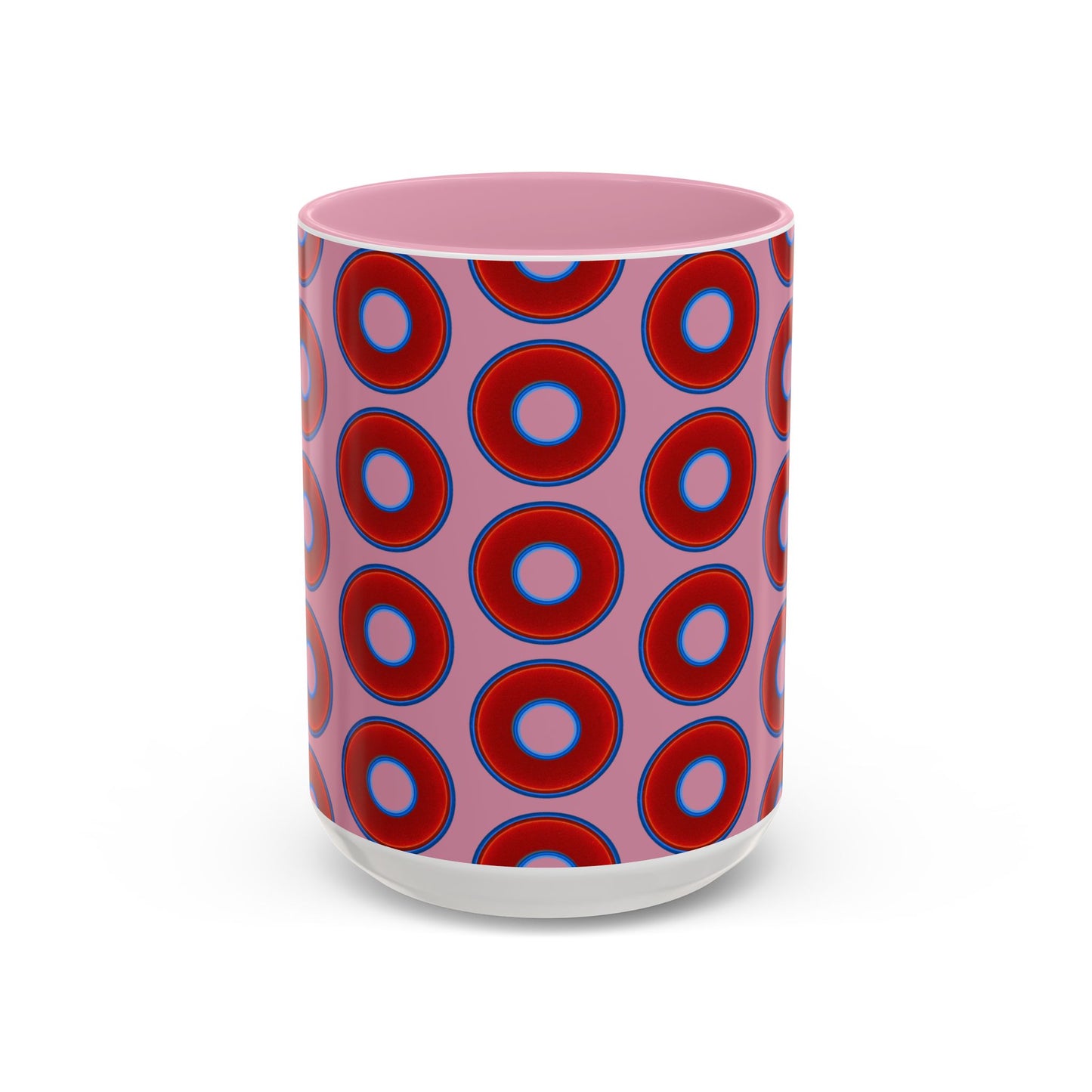 Lump's Grumpy Coffee Mug - vivid red donuts w/pink background