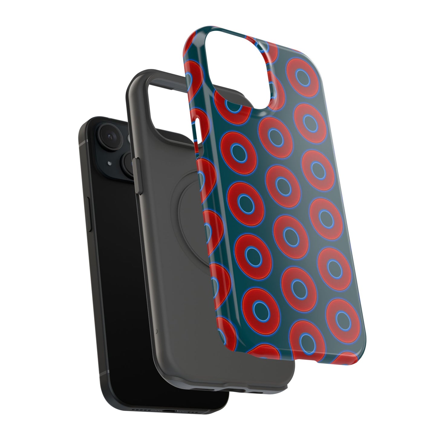 Impact-Resistant Lumpy Donut Case - red vivid donut print w/midnight green background