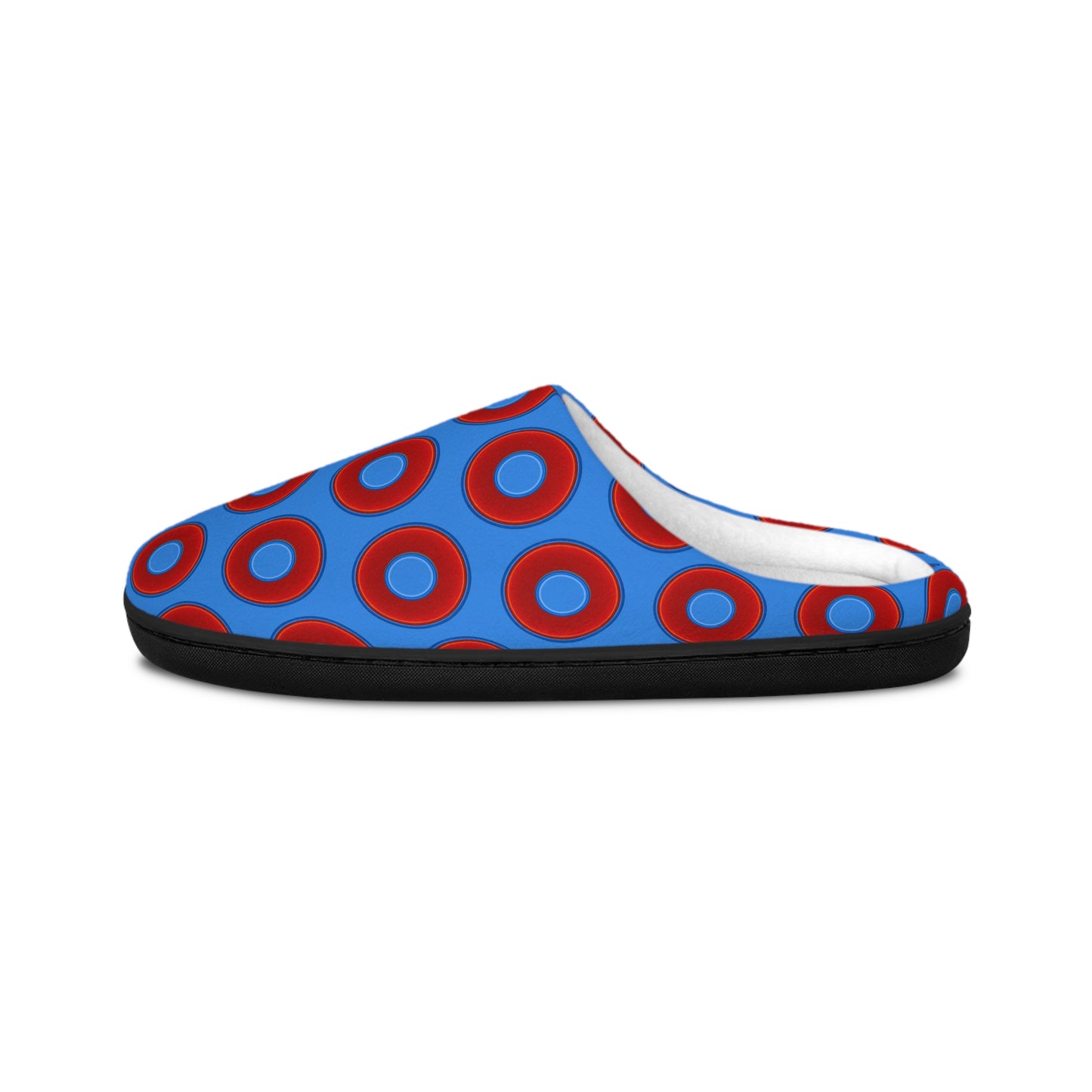 Women's Lumpy Slippers - red vivid donut print w/sky royal blue background
