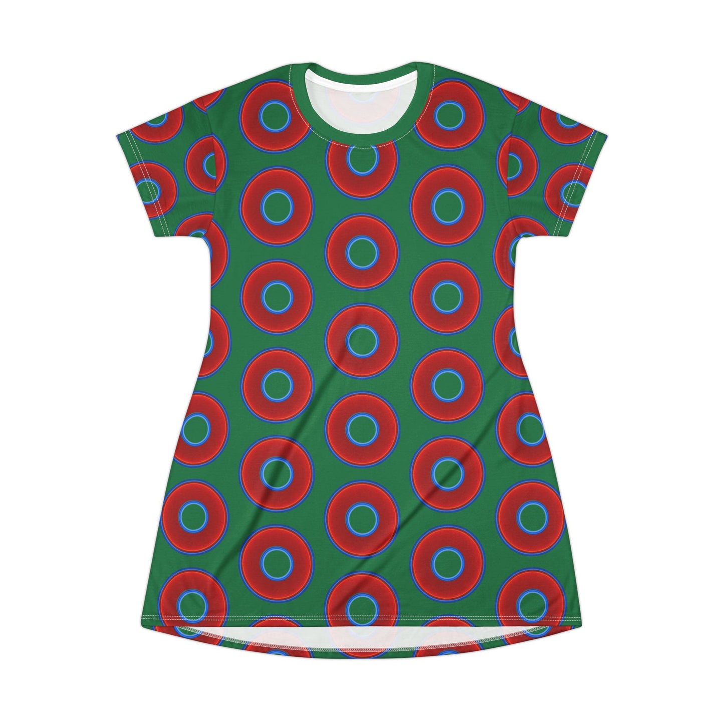 Not a Muumuu AOP Tee Shirt Dress - red vivid donuts w/purple background