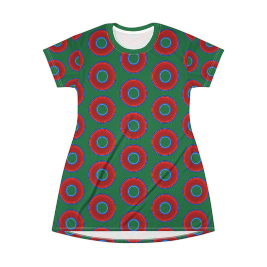 Not a Muumuu AOP Tee Shirt Dress - red vivid donuts w/purple background