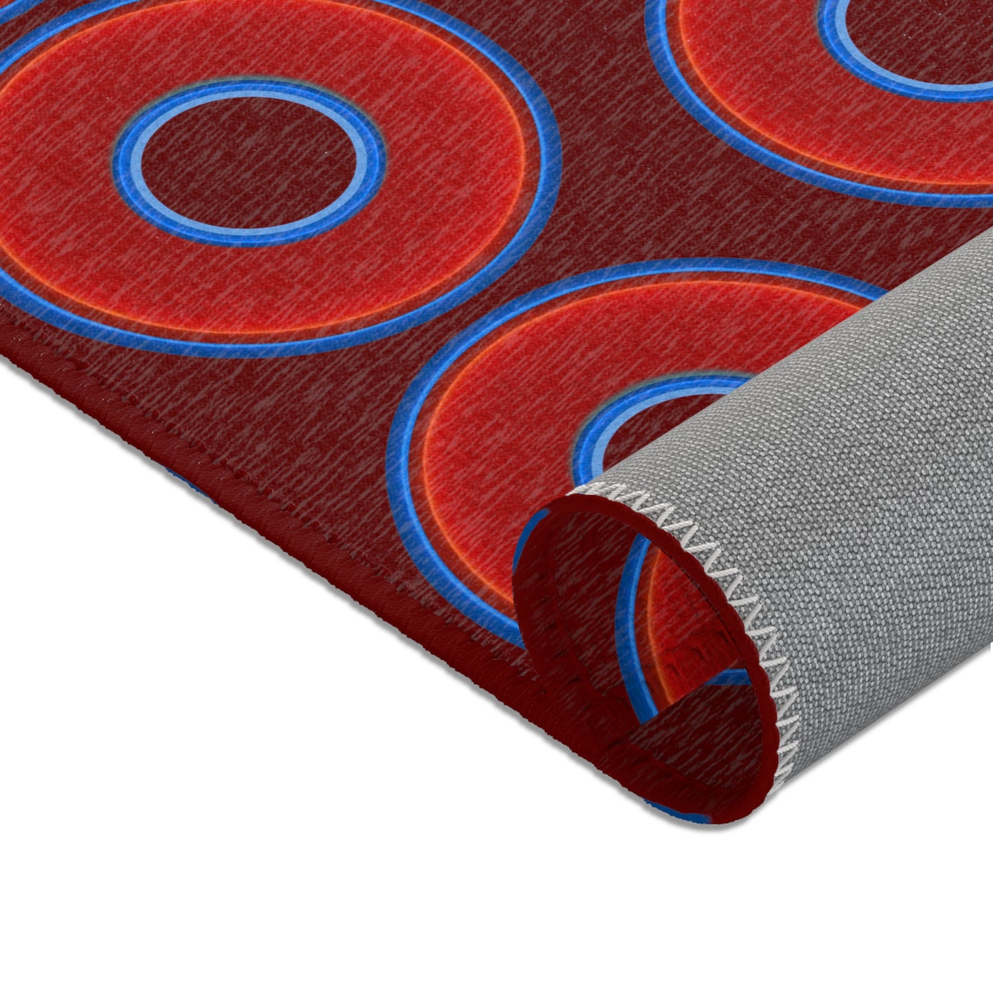 Lumpy Donut Print Rug - choice of 3 sizes - vivid red donut print w/dark red background
