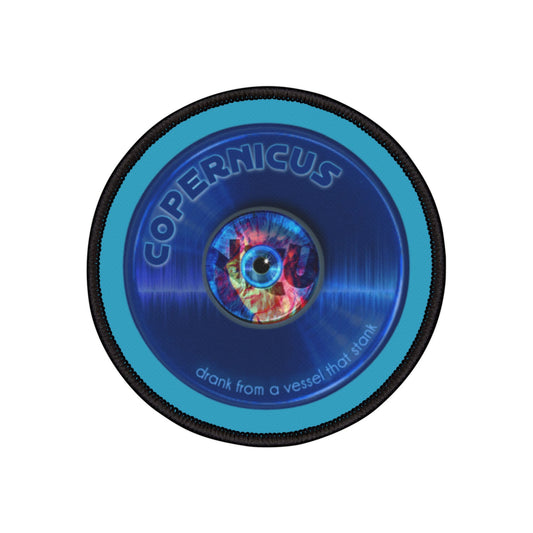 Iron-On Donut Patch - "Drunken Copernicus" - series 1.0 - variant 2 - blue record donut