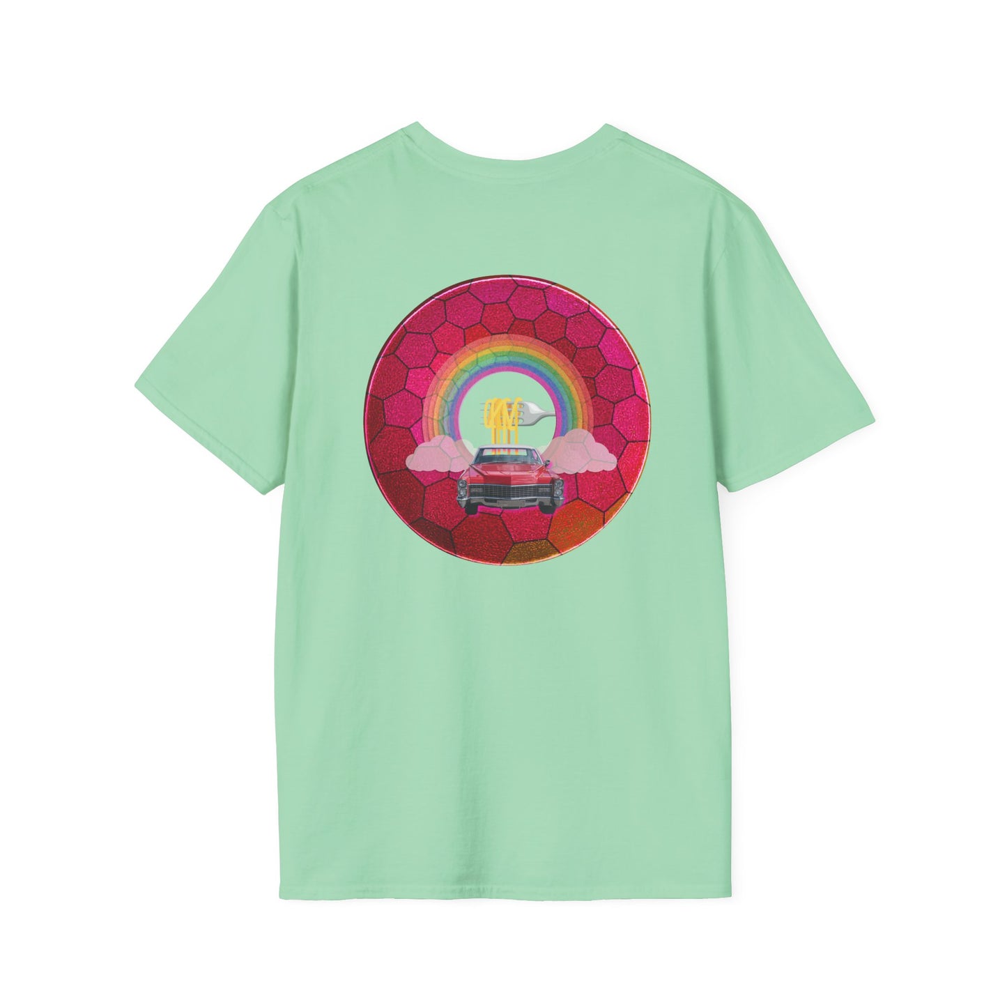 Classic Donut Tee - Unisex Soft-Style - "Cadillac Rainbows Donut Tee" - variant 1 - magenta hexadonut w/red caddy