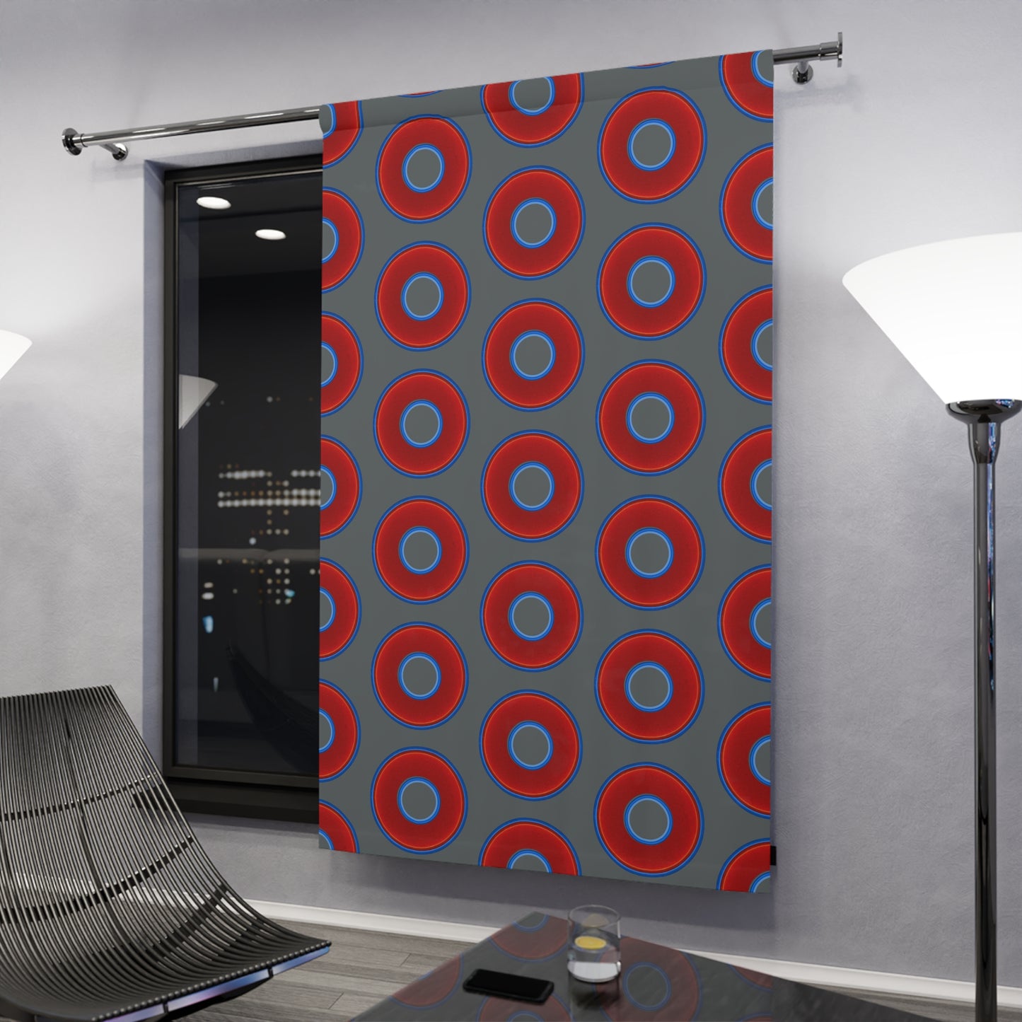 Lump's Heady Curtain w/Donuts - vivid red donut print - w/dark gray background - [*1 Piece / 50" x 84"]
