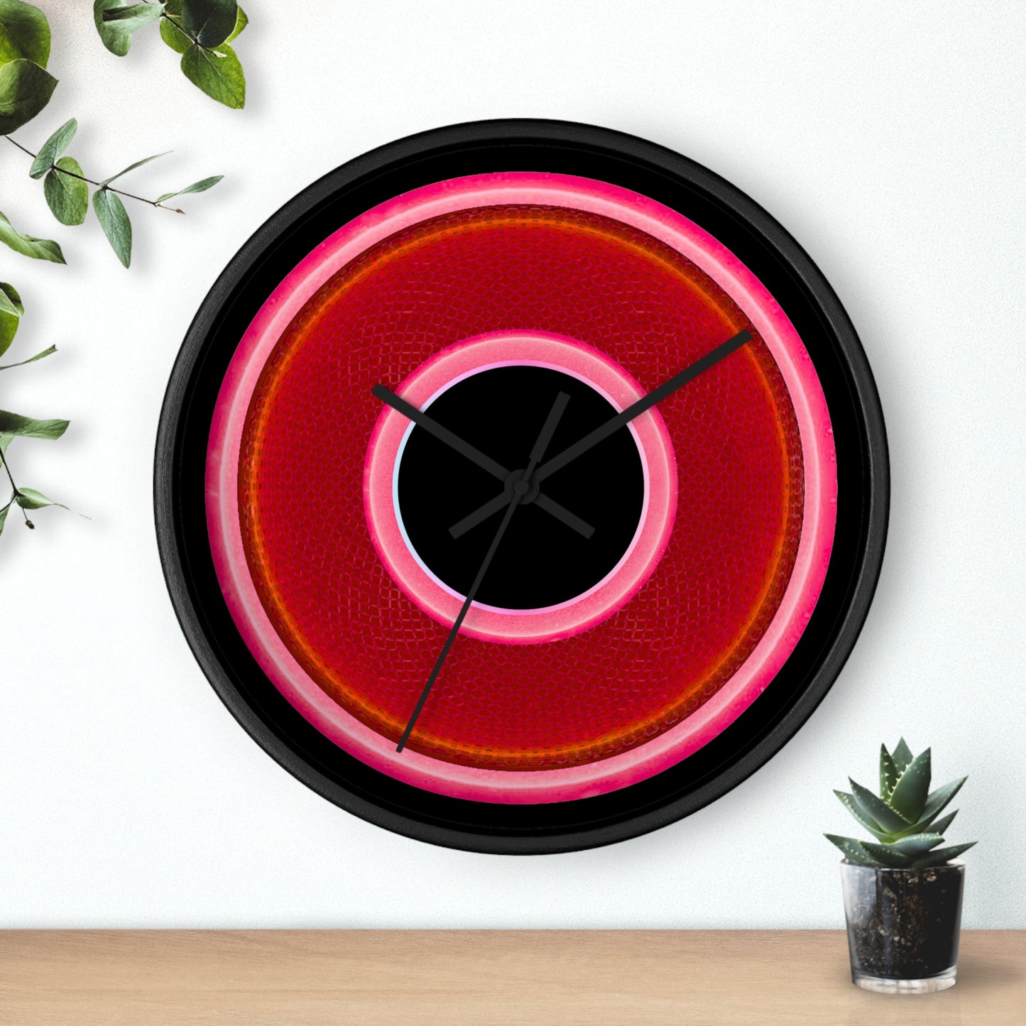 Lumpy Wall Clock - red rustic donut w/pink edging - variant 7 w/black background