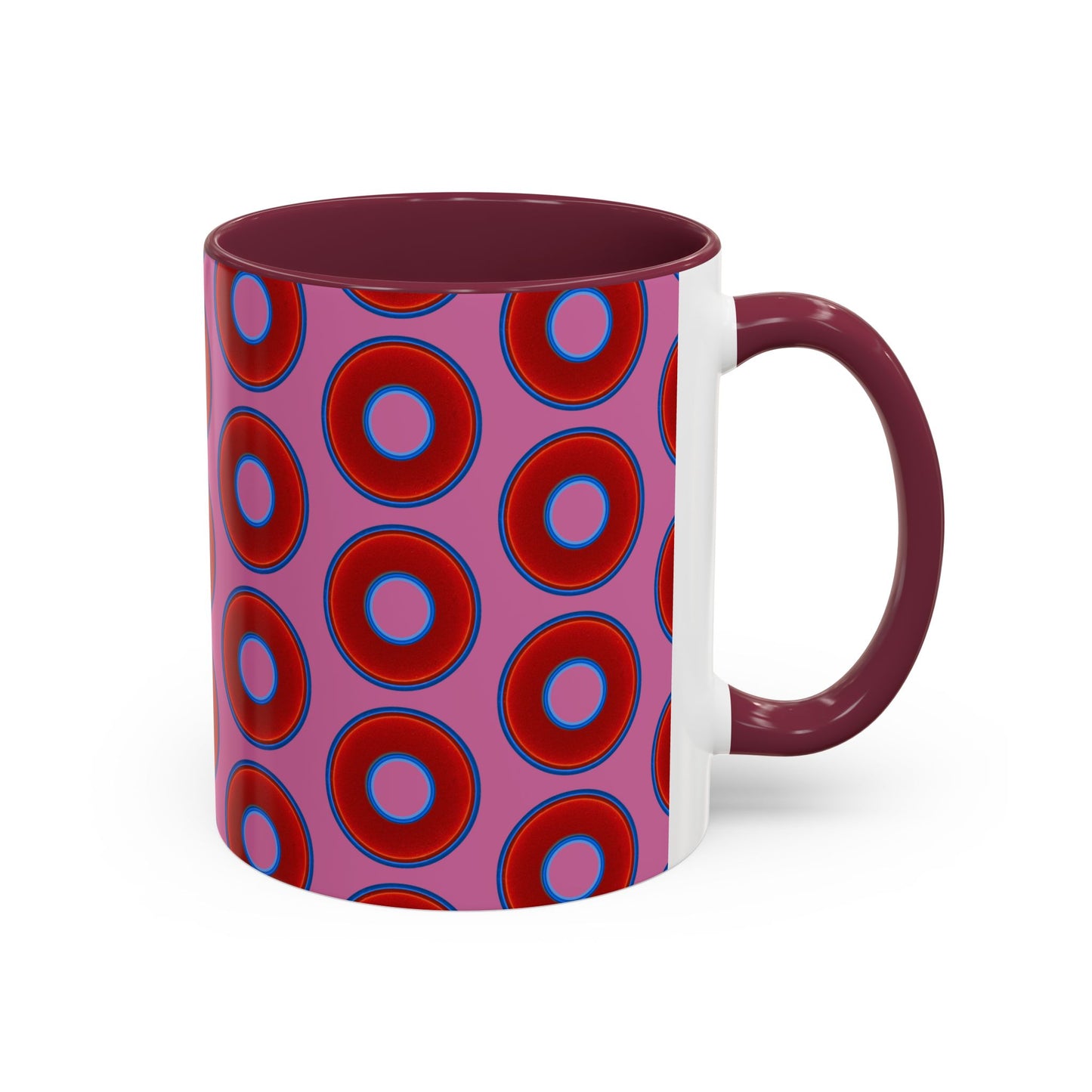 Lump's Grumpy Coffee Mug - vivid red donuts w/pink background