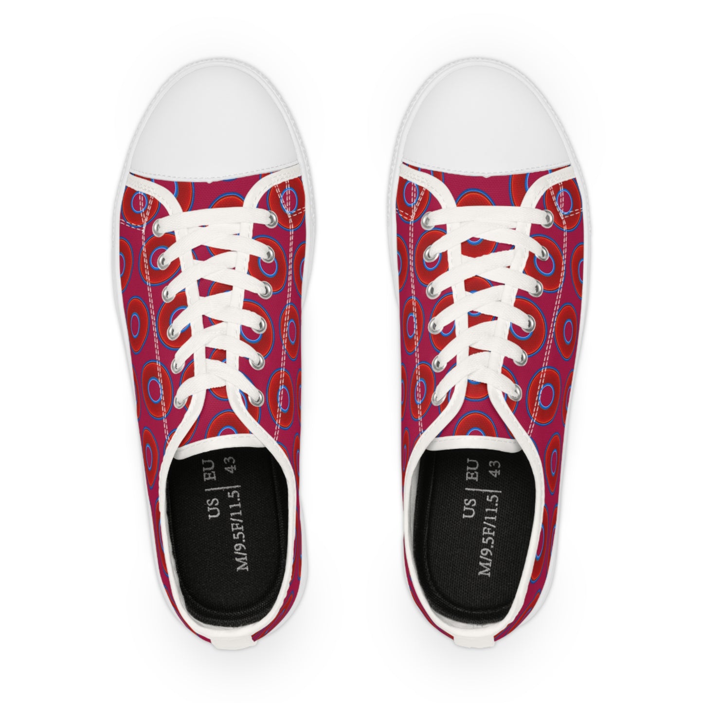 Men's - Low Top Chuck Taylors - large vivid red donut print w/dark magenta background