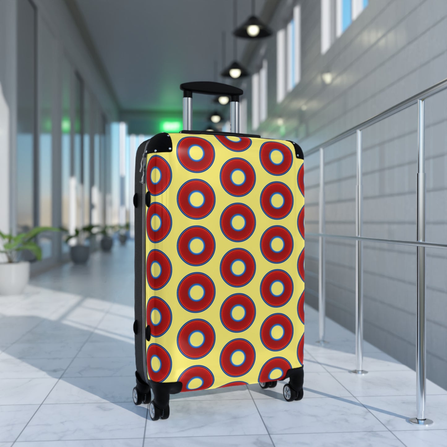 The Very Lumpy Donut Suitcase series - your choice of S, M or L - vivid red donut print w/yellow background