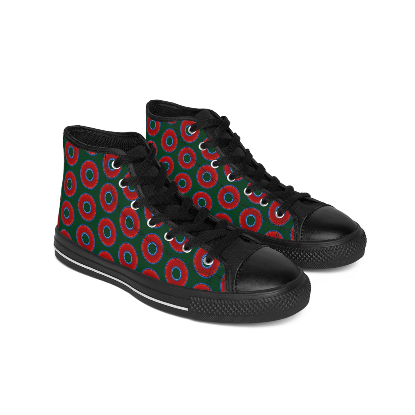 Men's Cushiony Convectors - High Tops - red vivid donuts w/deep pond green background
