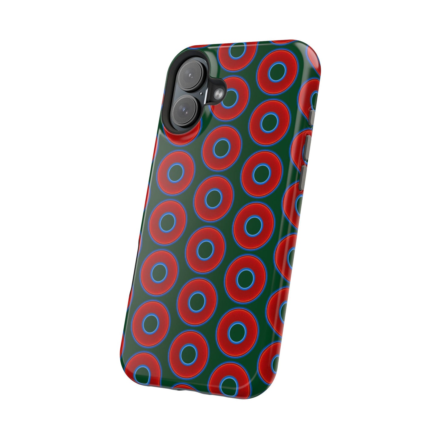Magnetic Tough Donut Case - red vivid donut print w/deep pond green background