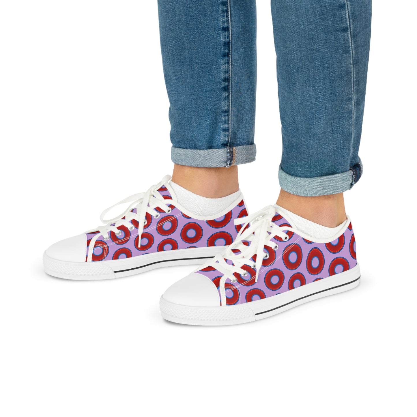 Men's - Low Top Chuck Taylors - large vivid red donut print w/wisteria purple background