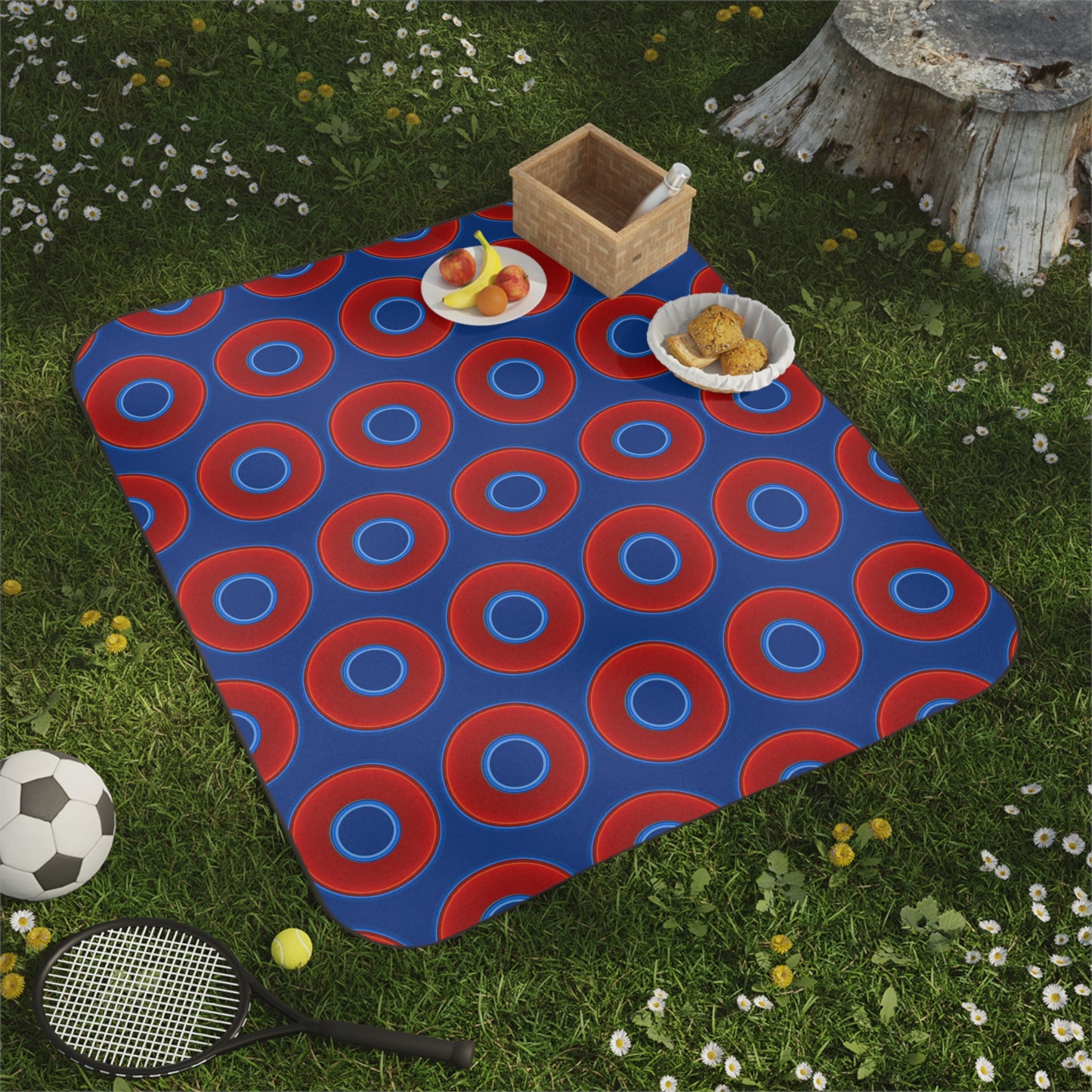 The Lumpy Party Blanket - giant water-resistant outdoor blanket [61" x 51"] - vivid red donuts w/dark blue background