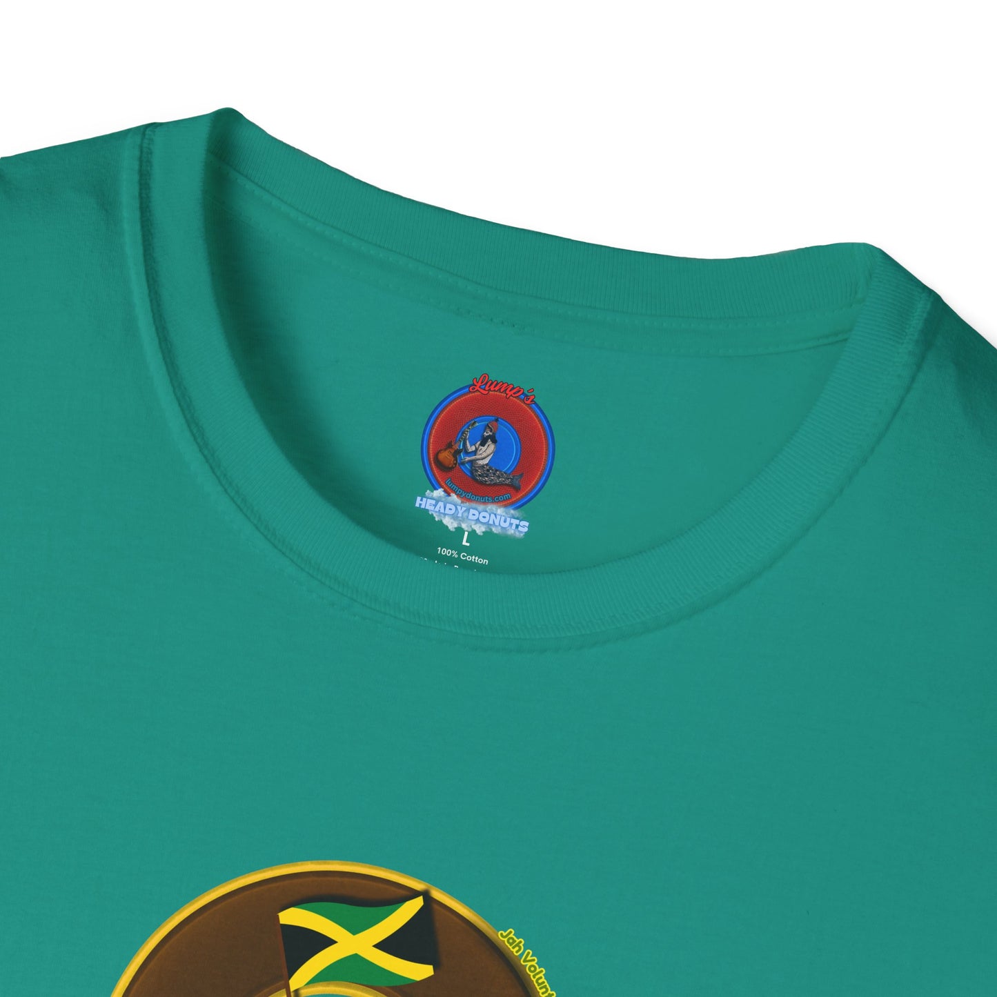 Classic Donut Tee - Unisex Soft-Style - "Jah Volunteers Protect Jah Love... and donuts!" - vivid brown/gold donut