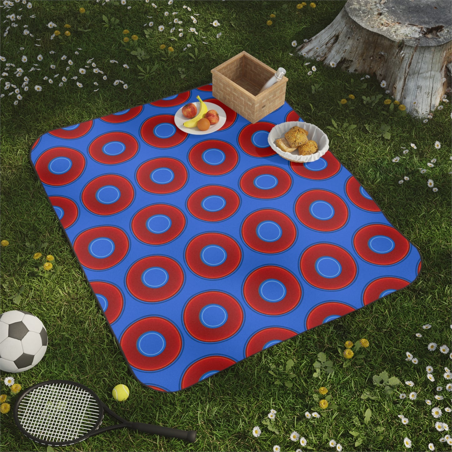 The Lumpy Party Blanket - giant water-resistant outdoor blanket [61" x 51"] - vivid red donuts w/medium royal blue background
