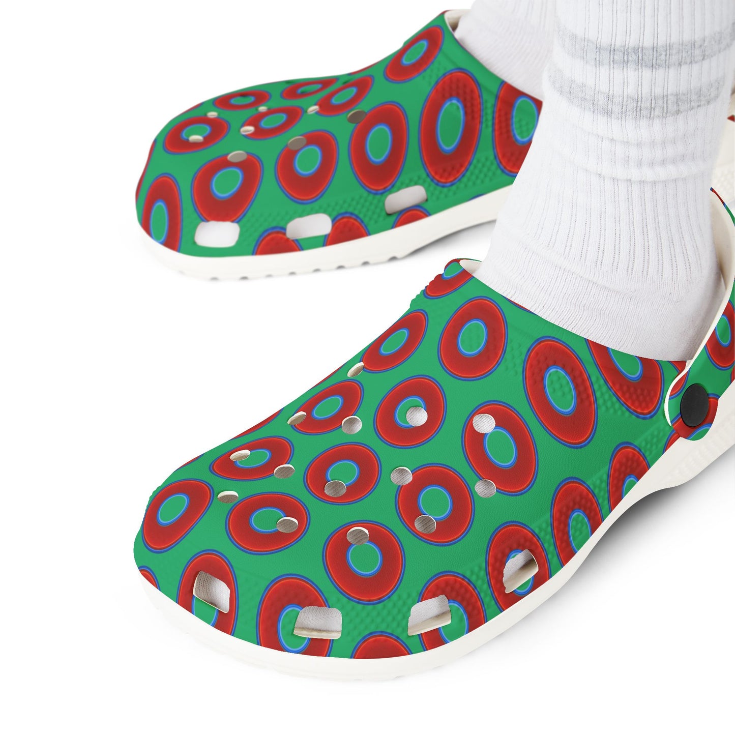 Spatchcocks - donut slip-on shoes - vivid red donuts w/jade green background [unisex]