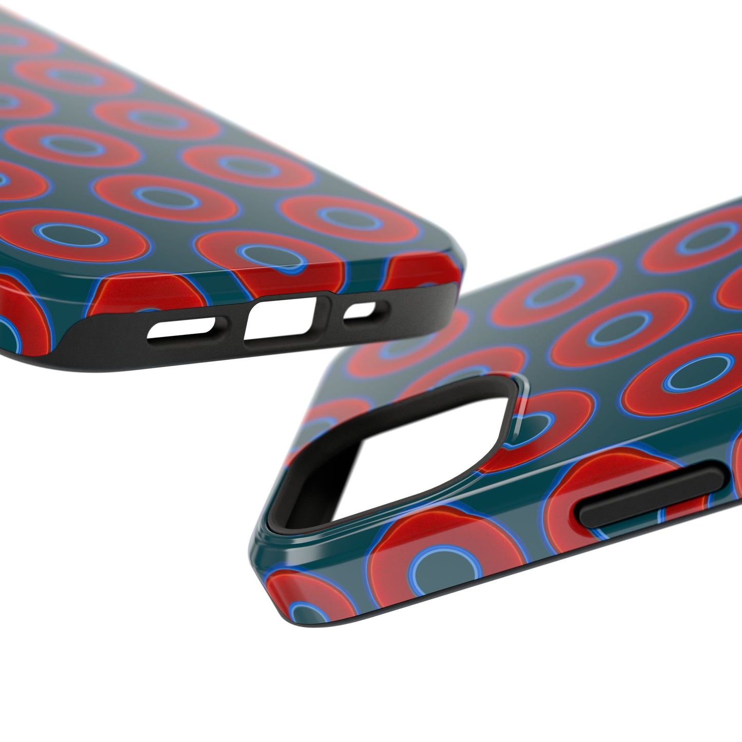 Impact-Resistant Lumpy Donut Case - red vivid donut print w/midnight green background
