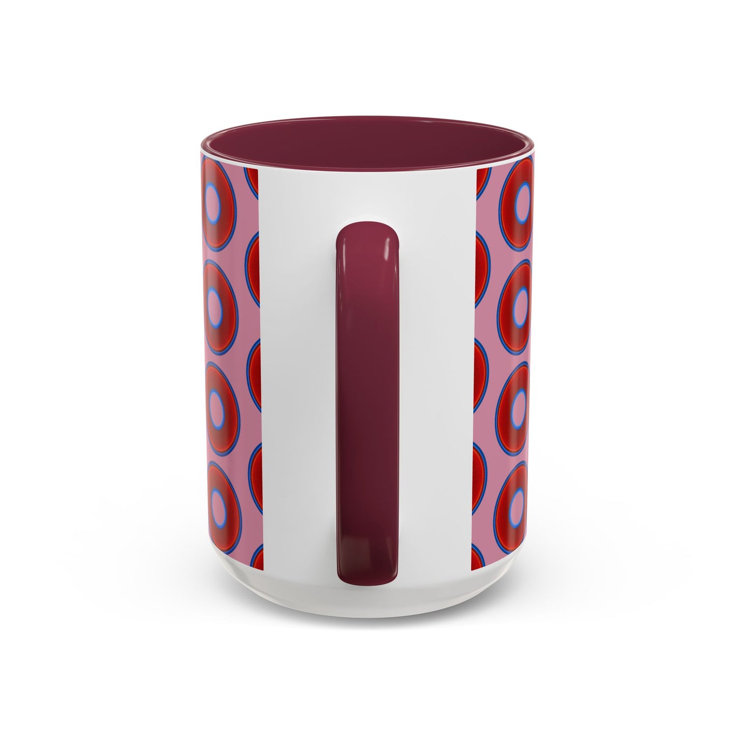 Lump's Grumpy Coffee Mug - vivid red donuts w/pink background