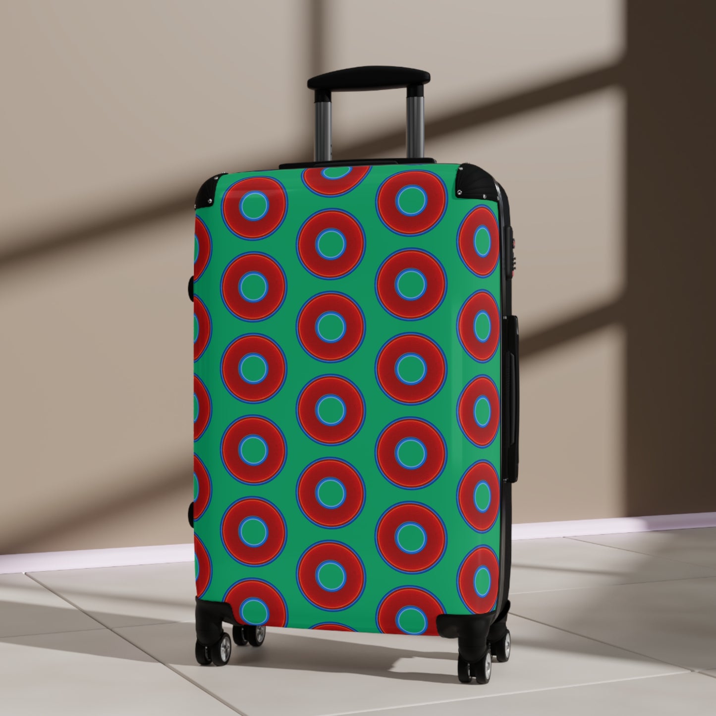 The Very Lumpy Donut Suitcase series - your choice of S, M or L - vivid red donut print w/jade green background