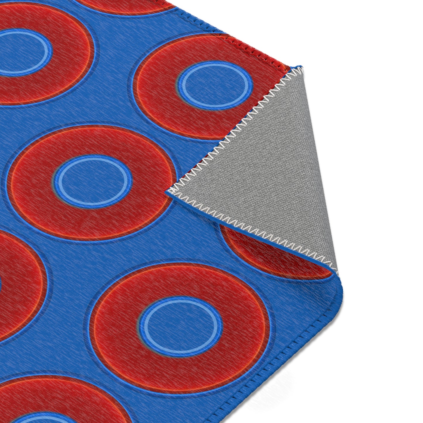 Lumpy Donut Print Rug - choice of 3 sizes - vivid red donut print w/dark royal blue background