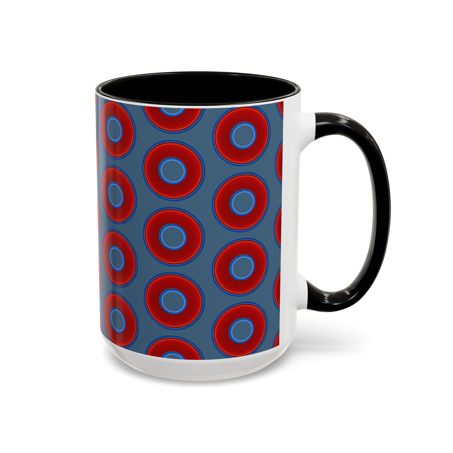 Lump's Grumpy Coffee Mug - vivid red donuts w/steel blue background