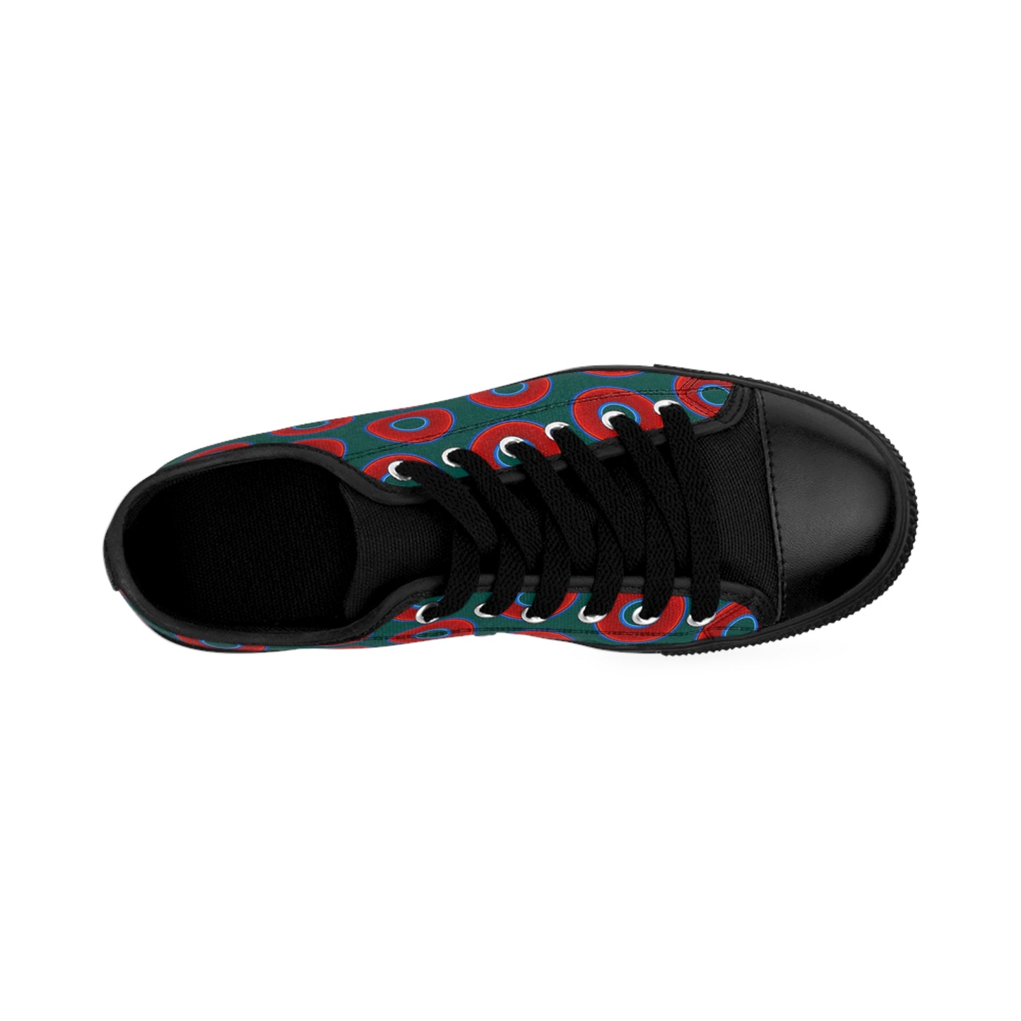 Women's Cushiony Convectors - Low Top - large red vivid donut print w/dark Fenway green background