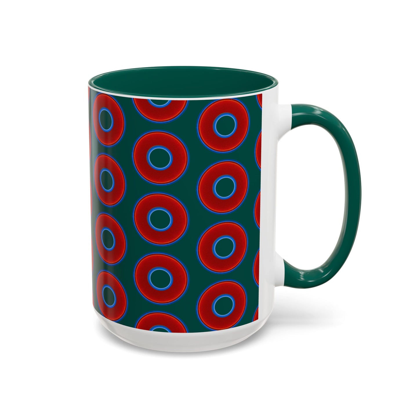 Lump's Grumpy Coffee Mug - vivid red donuts w/dark Fenway green background