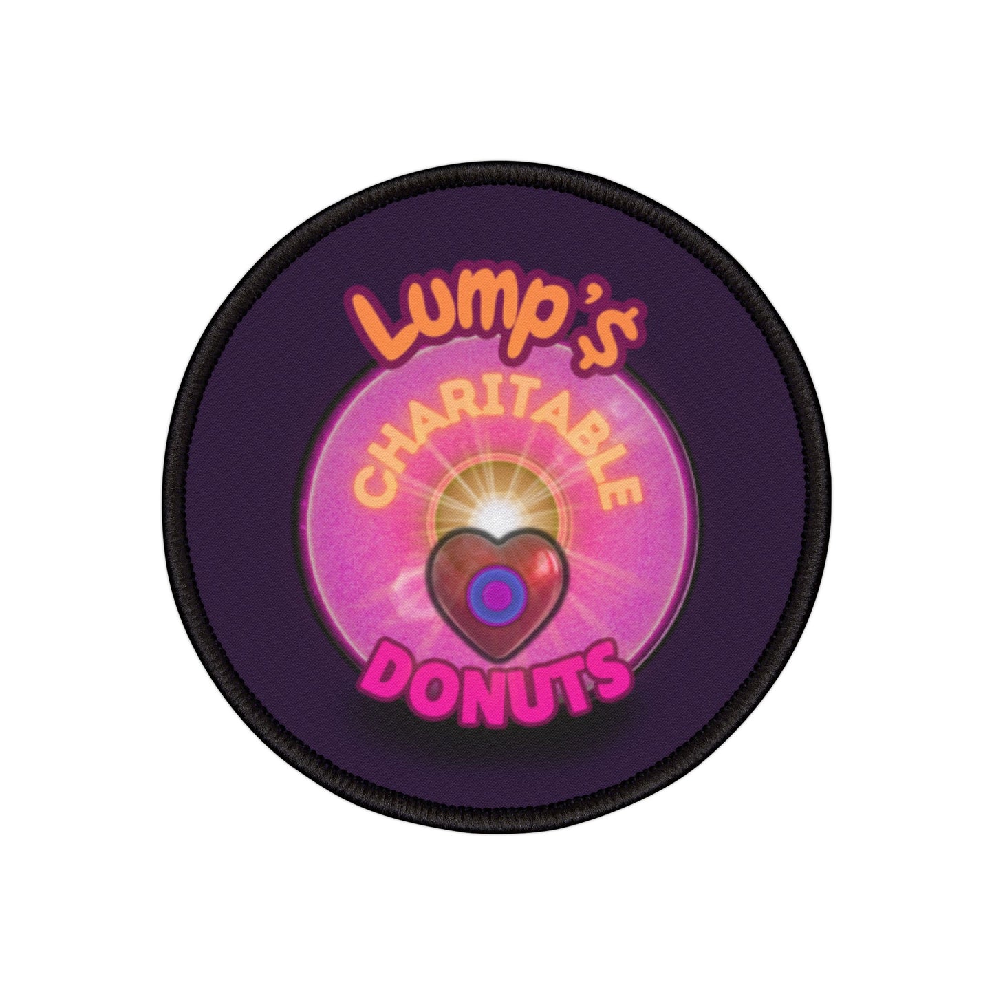 Iron-On Donut Patch - "Official Lumpy Donuts Charitable Donut Patch" - vivid magenta donut