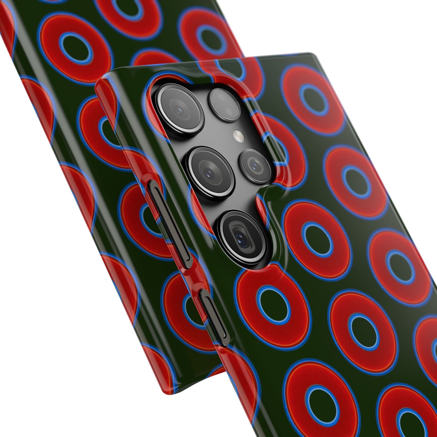 Lumpy Donut Snap Case - red vivid donut print w/deep forest green background