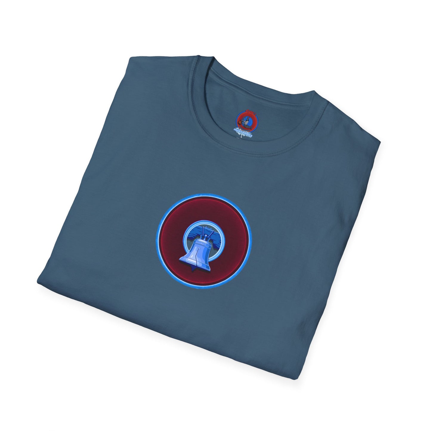 Classic Donut Tee - Unisex Soft-Style - "Brotherly Donuts Jawn" - vivid dark purple-red/light blue donut