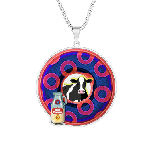 Lump's Heady Donut Necklace - 1" x 1" Stainless Steel Pendant - "Wooked Cream Dairy - YEMSG Donut" - moo edition - blue/red rustic paradox donut